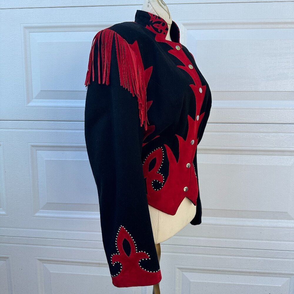 Vtg Western Suede Jacket Coat Tassels Fringe Red Black Corduroy Diamonds Leather - Picture 4 of 15